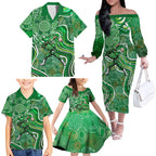 Melbourne Stars Family Matching Off The Shoulder Long Sleeve Dress and Hawaiian Shirt Indigenous Dot Art Superhero Batter Tribal Pattern