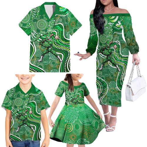 Melbourne Stars Family Matching Off The Shoulder Long Sleeve Dress and Hawaiian Shirt Indigenous Dot Art Superhero Batter Tribal Pattern