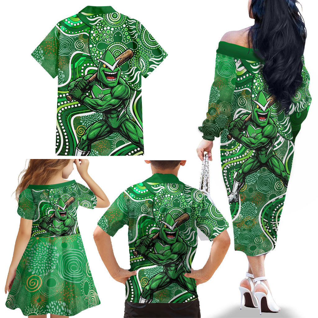 Melbourne Stars Family Matching Off The Shoulder Long Sleeve Dress and Hawaiian Shirt Indigenous Dot Art Superhero Batter Tribal Pattern