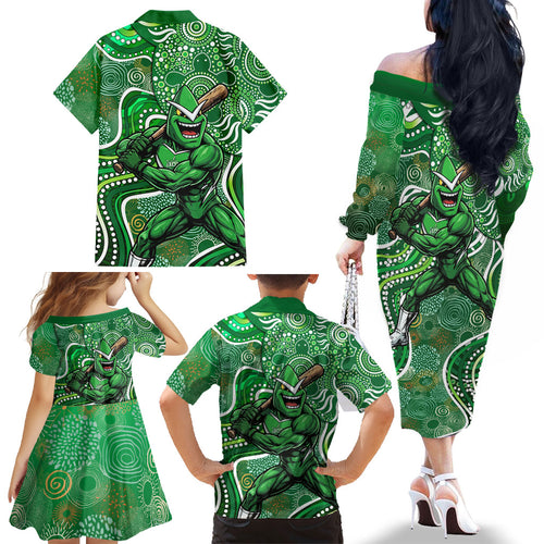 Melbourne Stars Family Matching Off The Shoulder Long Sleeve Dress and Hawaiian Shirt Indigenous Dot Art Superhero Batter Tribal Pattern