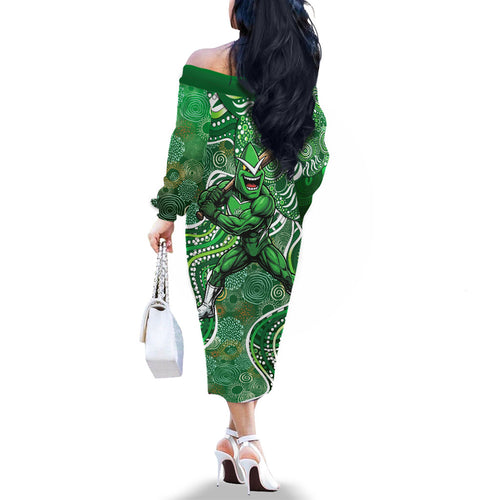 Melbourne Stars Family Matching Off The Shoulder Long Sleeve Dress and Hawaiian Shirt Indigenous Dot Art Superhero Batter Tribal Pattern