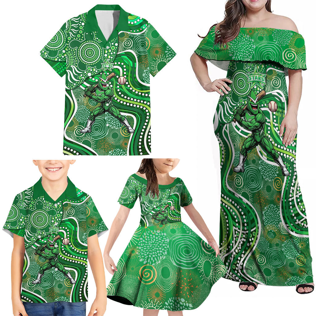 Melbourne Stars Family Matching Off Shoulder Maxi Dress and Hawaiian Shirt Indigenous Dot Art Superhero Batter Tribal Pattern