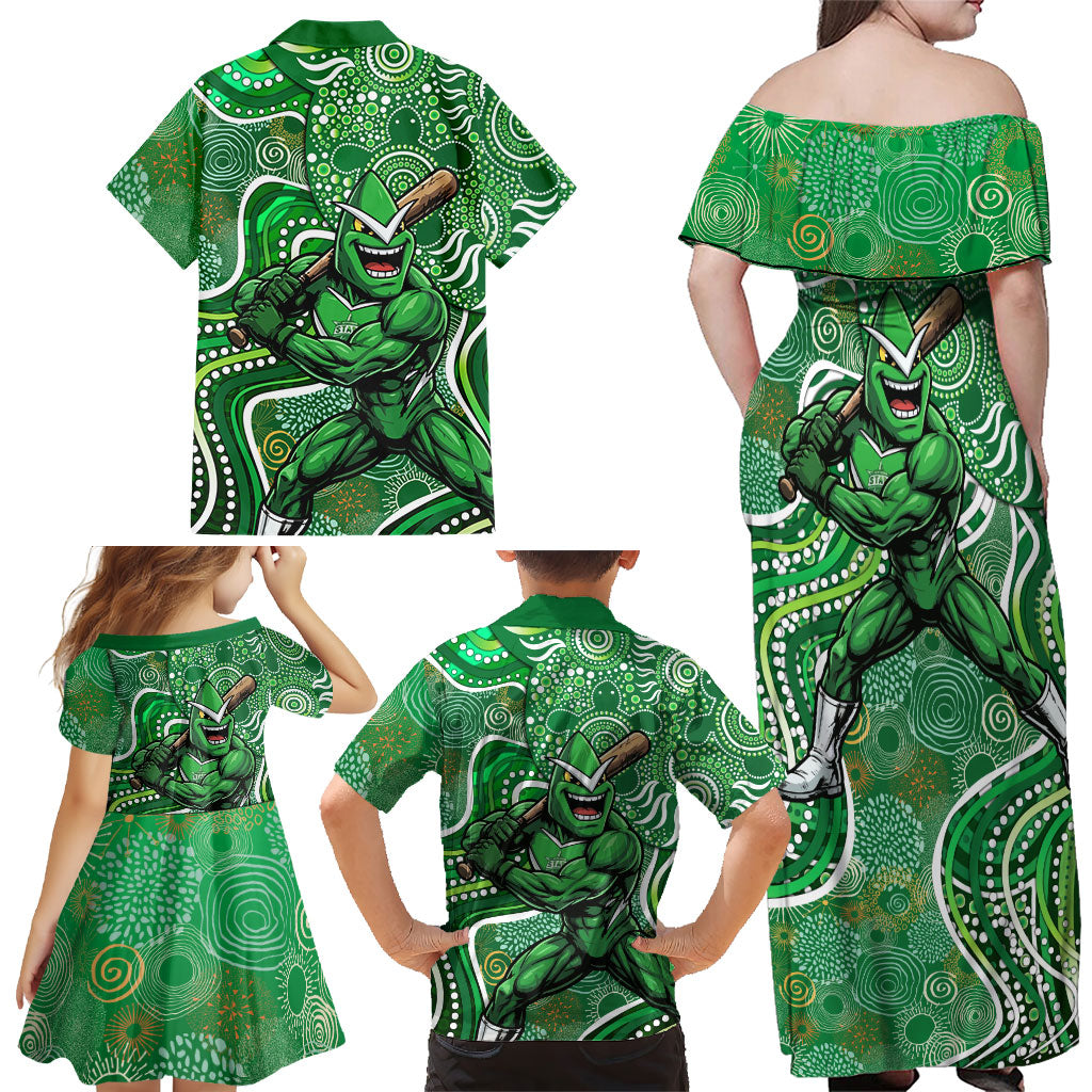Melbourne Stars Family Matching Off Shoulder Maxi Dress and Hawaiian Shirt Indigenous Dot Art Superhero Batter Tribal Pattern