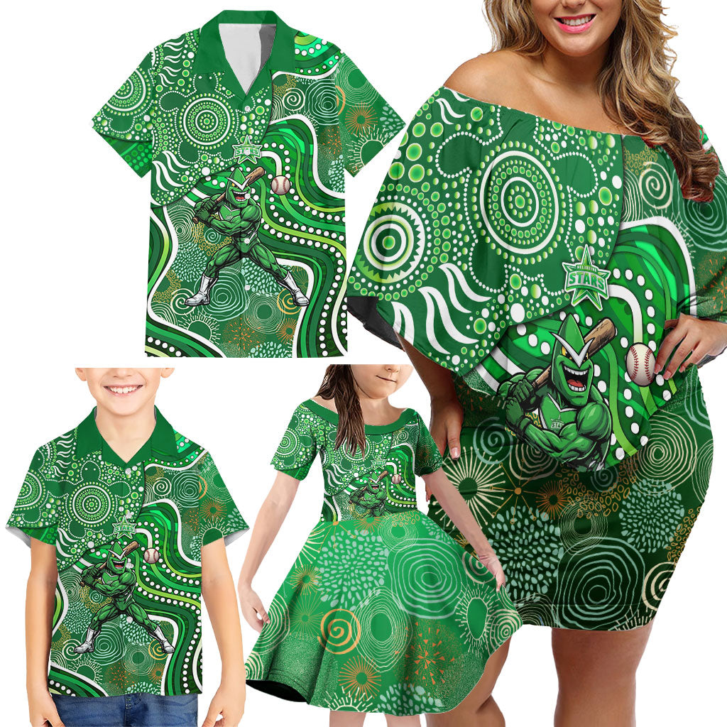 Melbourne Stars Family Matching Off Shoulder Short Dress and Hawaiian Shirt Indigenous Dot Art Superhero Batter Tribal Pattern