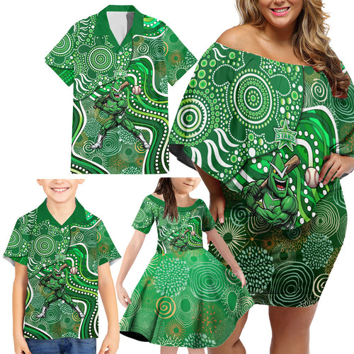 Melbourne Stars Family Matching Off Shoulder Short Dress and Hawaiian Shirt Indigenous Dot Art Superhero Batter Tribal Pattern