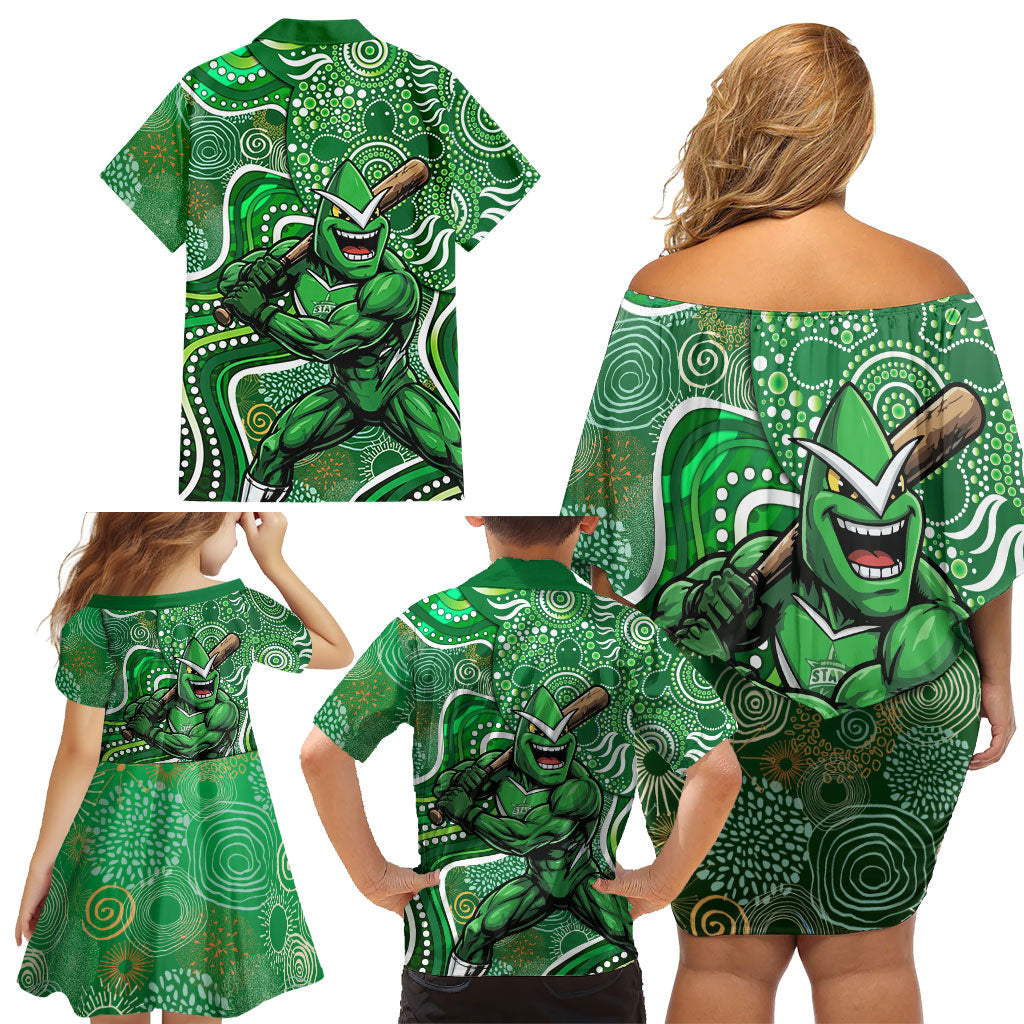Melbourne Stars Family Matching Off Shoulder Short Dress and Hawaiian Shirt Indigenous Dot Art Superhero Batter Tribal Pattern