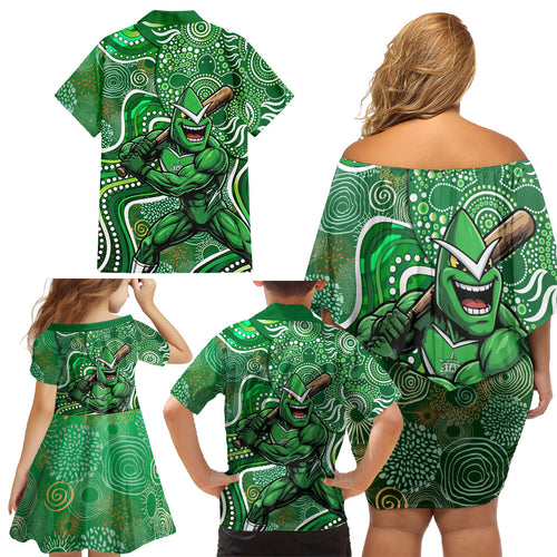 Melbourne Stars Family Matching Off Shoulder Short Dress and Hawaiian Shirt Indigenous Dot Art Superhero Batter Tribal Pattern