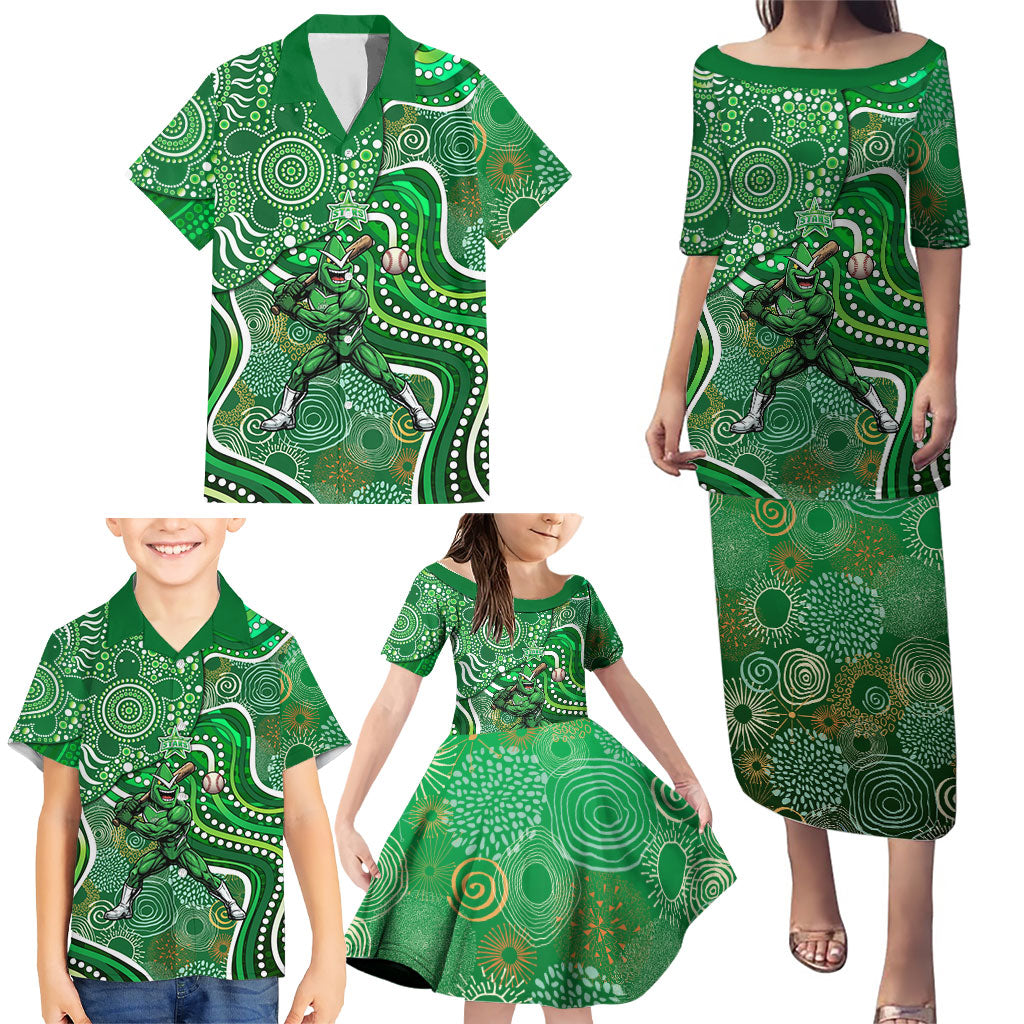 Melbourne Stars Family Matching Puletasi and Hawaiian Shirt Indigenous Dot Art Superhero Batter Tribal Pattern