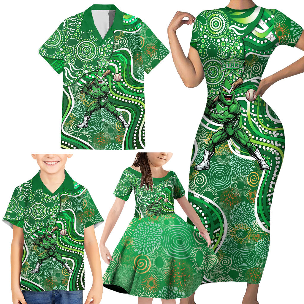 Melbourne Stars Family Matching Short Sleeve Bodycon Dress and Hawaiian Shirt Indigenous Dot Art Superhero Batter Tribal Pattern