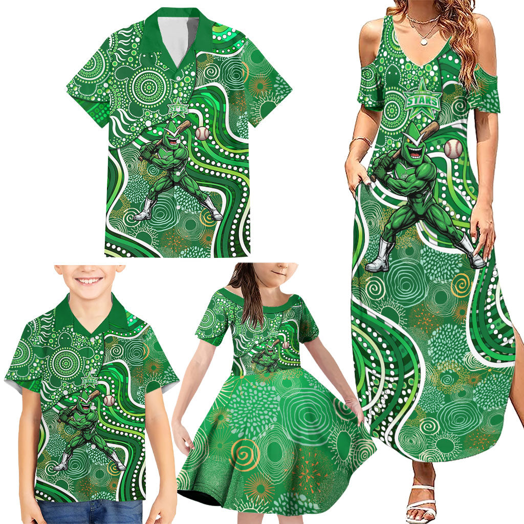 Melbourne Stars Family Matching Summer Maxi Dress and Hawaiian Shirt Indigenous Dot Art Superhero Batter Tribal Pattern