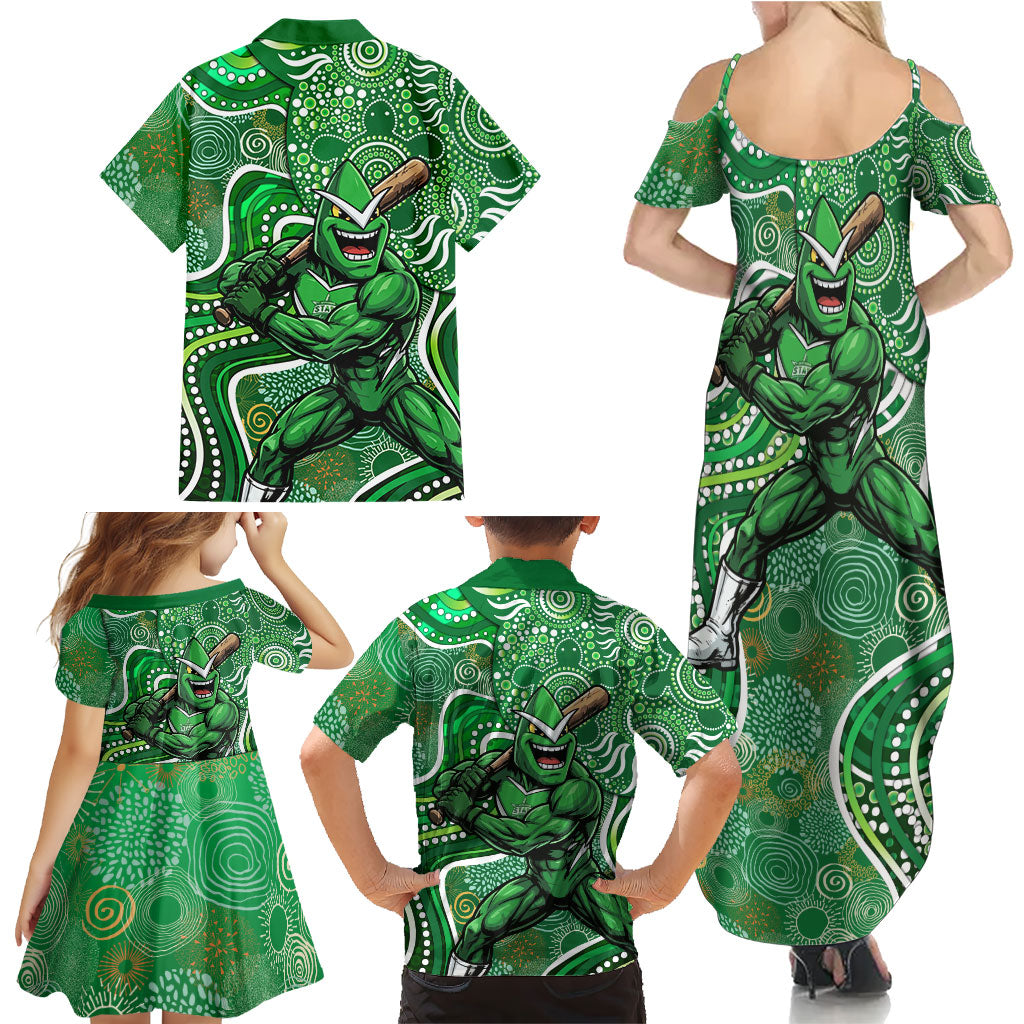 Melbourne Stars Family Matching Summer Maxi Dress and Hawaiian Shirt Indigenous Dot Art Superhero Batter Tribal Pattern