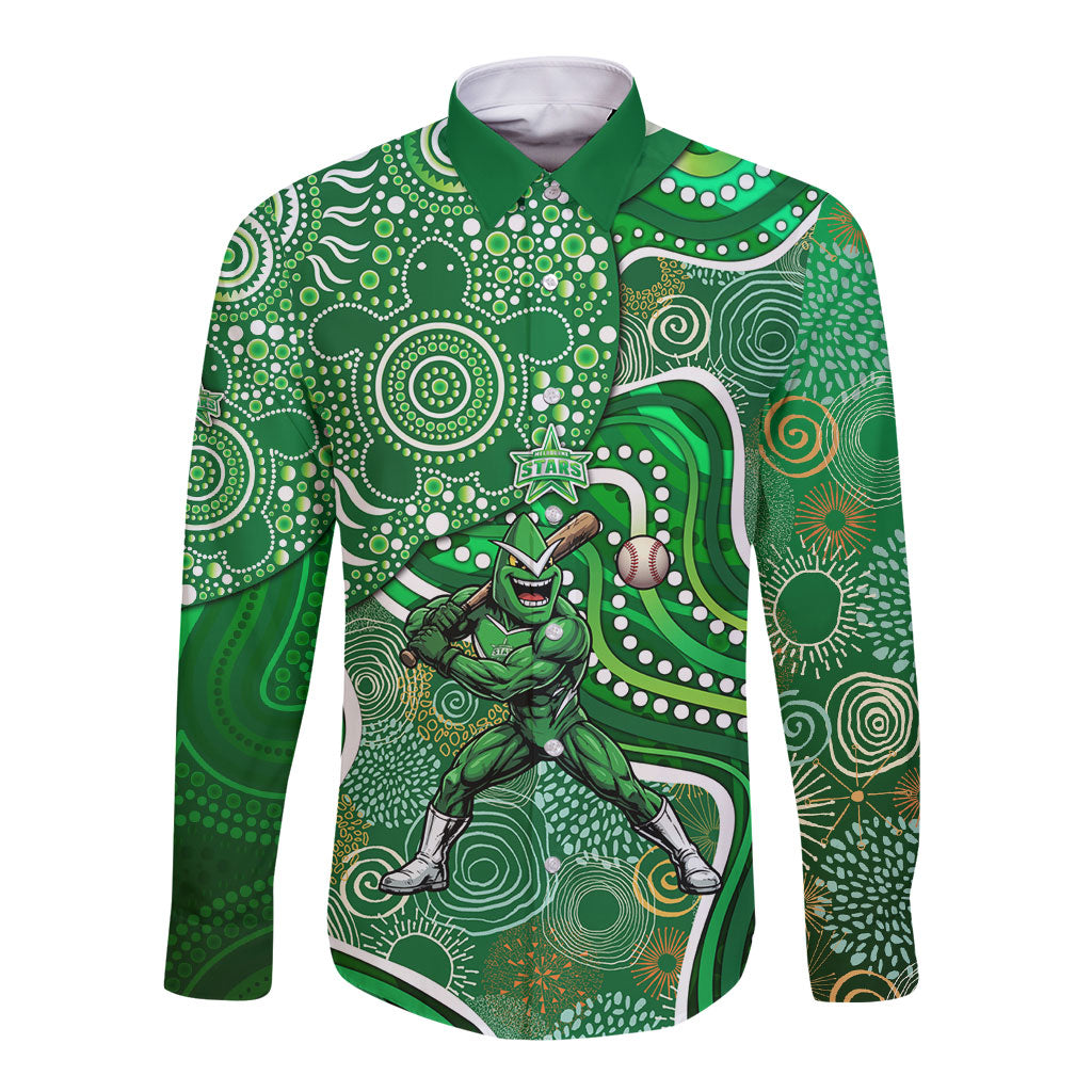 Melbourne Stars Long Sleeve Button Shirt Indigenous Dot Art Superhero Batter Tribal Pattern