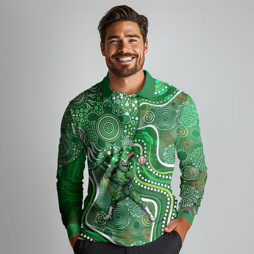 Melbourne Stars Long Sleeve Polo Shirt Indigenous Dot Art Superhero Batter Tribal Pattern