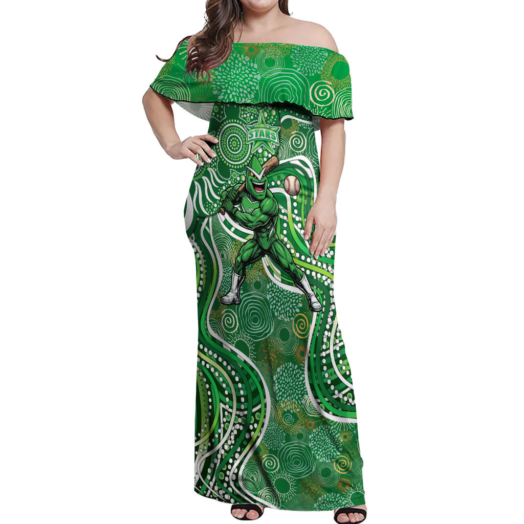 Melbourne Stars Off Shoulder Maxi Dress Indigenous Dot Art Superhero Batter Tribal Pattern