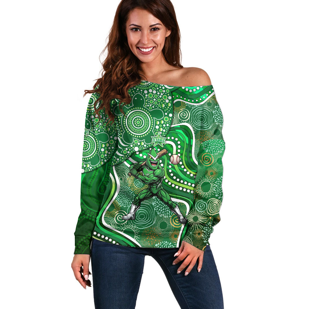 Melbourne Stars Off Shoulder Sweater Indigenous Dot Art Superhero Batter Tribal Pattern