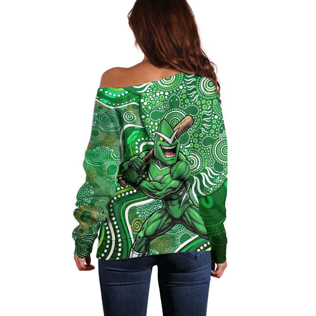 Melbourne Stars Off Shoulder Sweater Indigenous Dot Art Superhero Batter Tribal Pattern