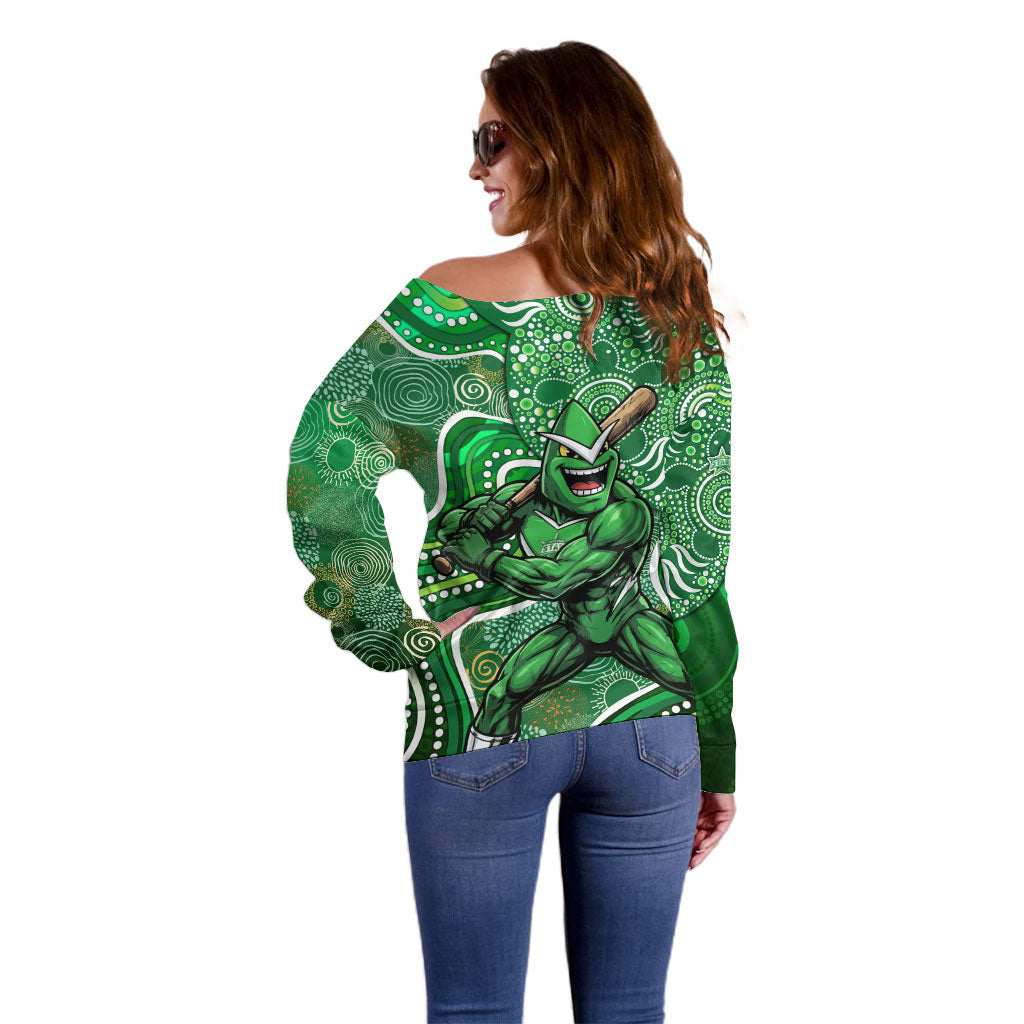 Melbourne Stars Off Shoulder Sweater Indigenous Dot Art Superhero Batter Tribal Pattern