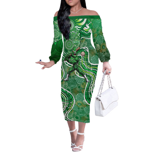 Melbourne Stars Off The Shoulder Long Sleeve Dress Indigenous Dot Art Superhero Batter Tribal Pattern