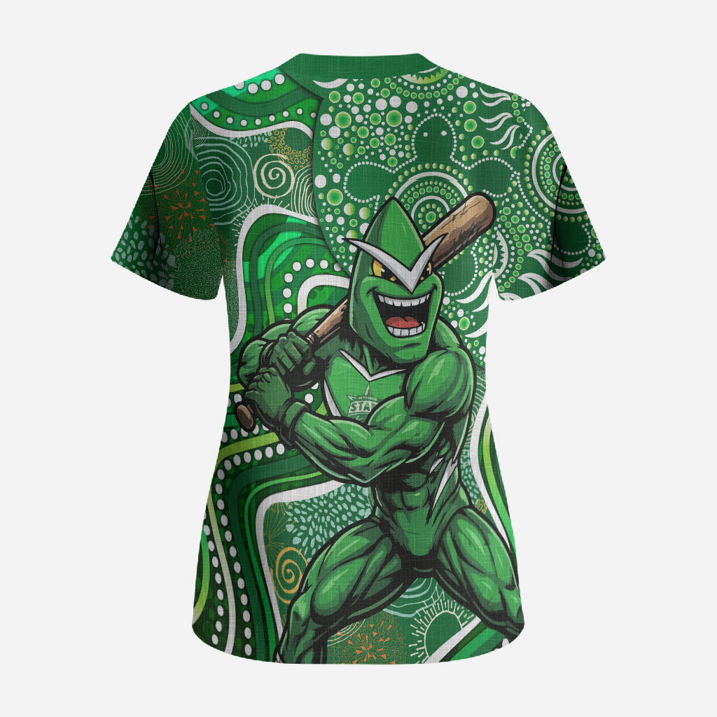 Melbourne Stars Scrub Top Indigenous Dot Art Superhero Batter Tribal Pattern