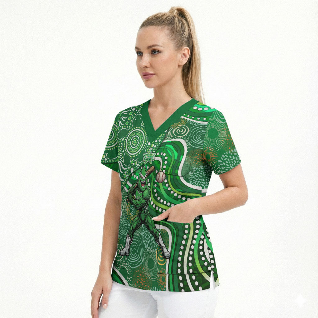 Melbourne Stars Scrub Top Indigenous Dot Art Superhero Batter Tribal Pattern