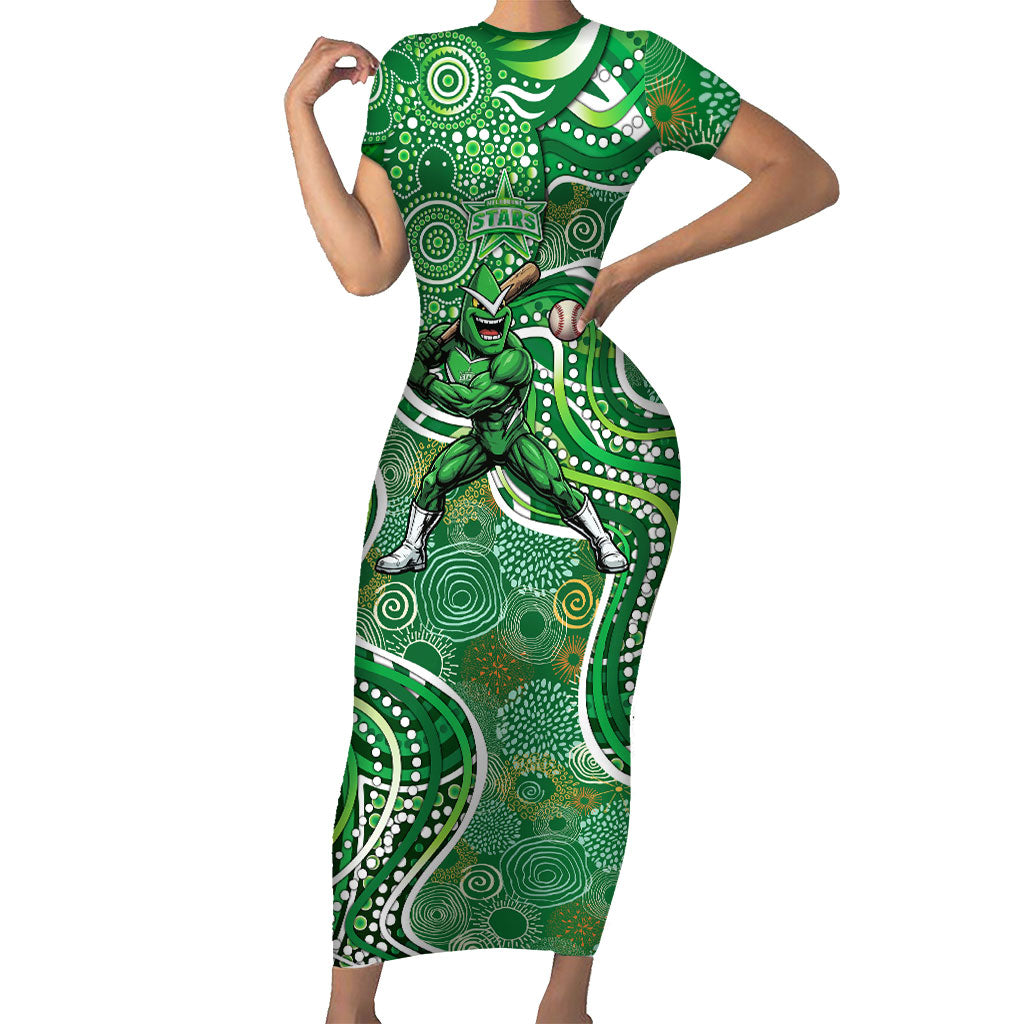 Melbourne Stars Short Sleeve Bodycon Dress Indigenous Dot Art Superhero Batter Tribal Pattern