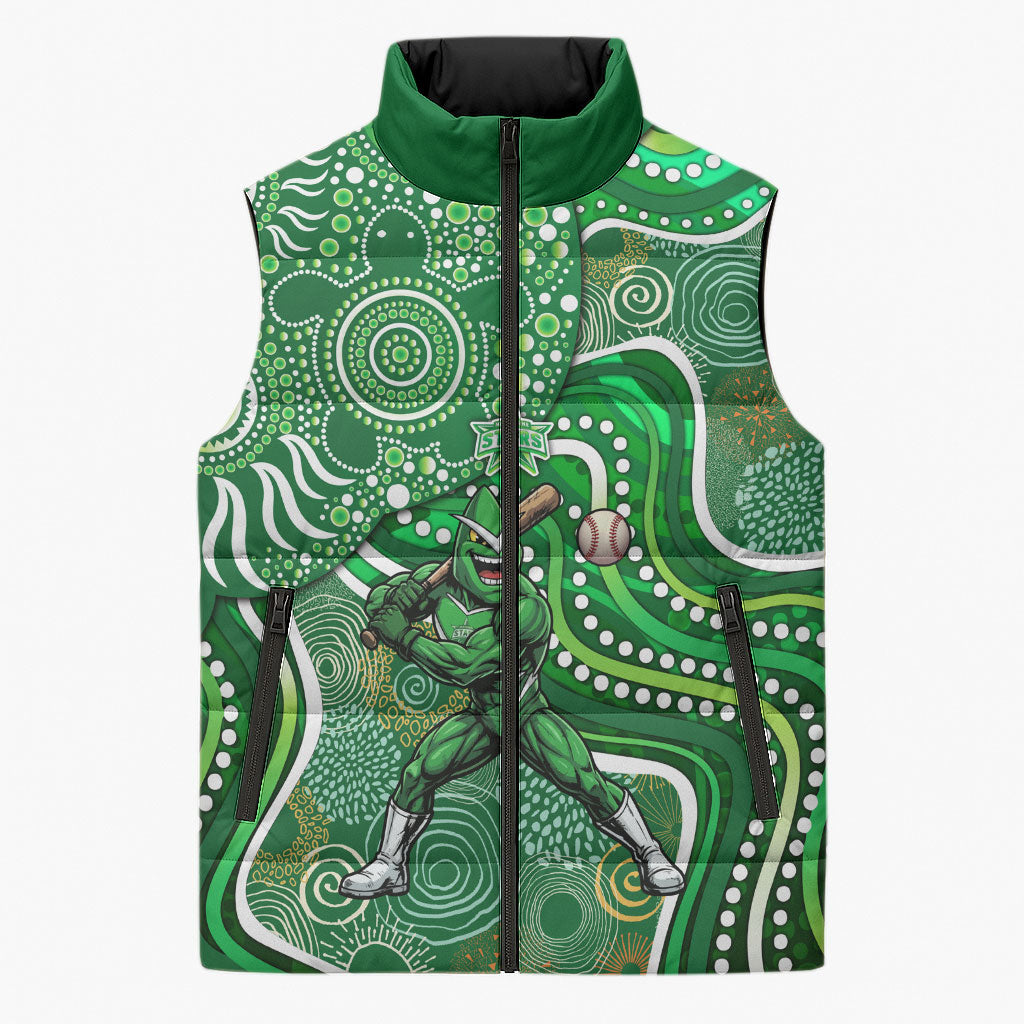 Melbourne Stars Sleeveless Puffer Jacket Indigenous Dot Art Superhero Batter Tribal Pattern