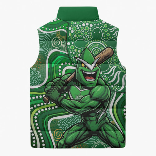 Melbourne Stars Sleeveless Puffer Jacket Indigenous Dot Art Superhero Batter Tribal Pattern