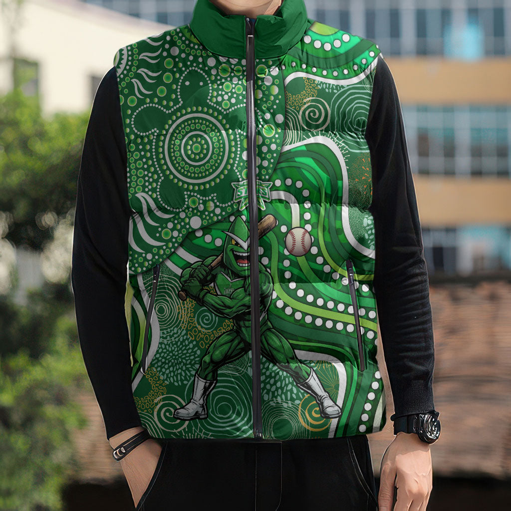 Melbourne Stars Sleeveless Puffer Jacket Indigenous Dot Art Superhero Batter Tribal Pattern