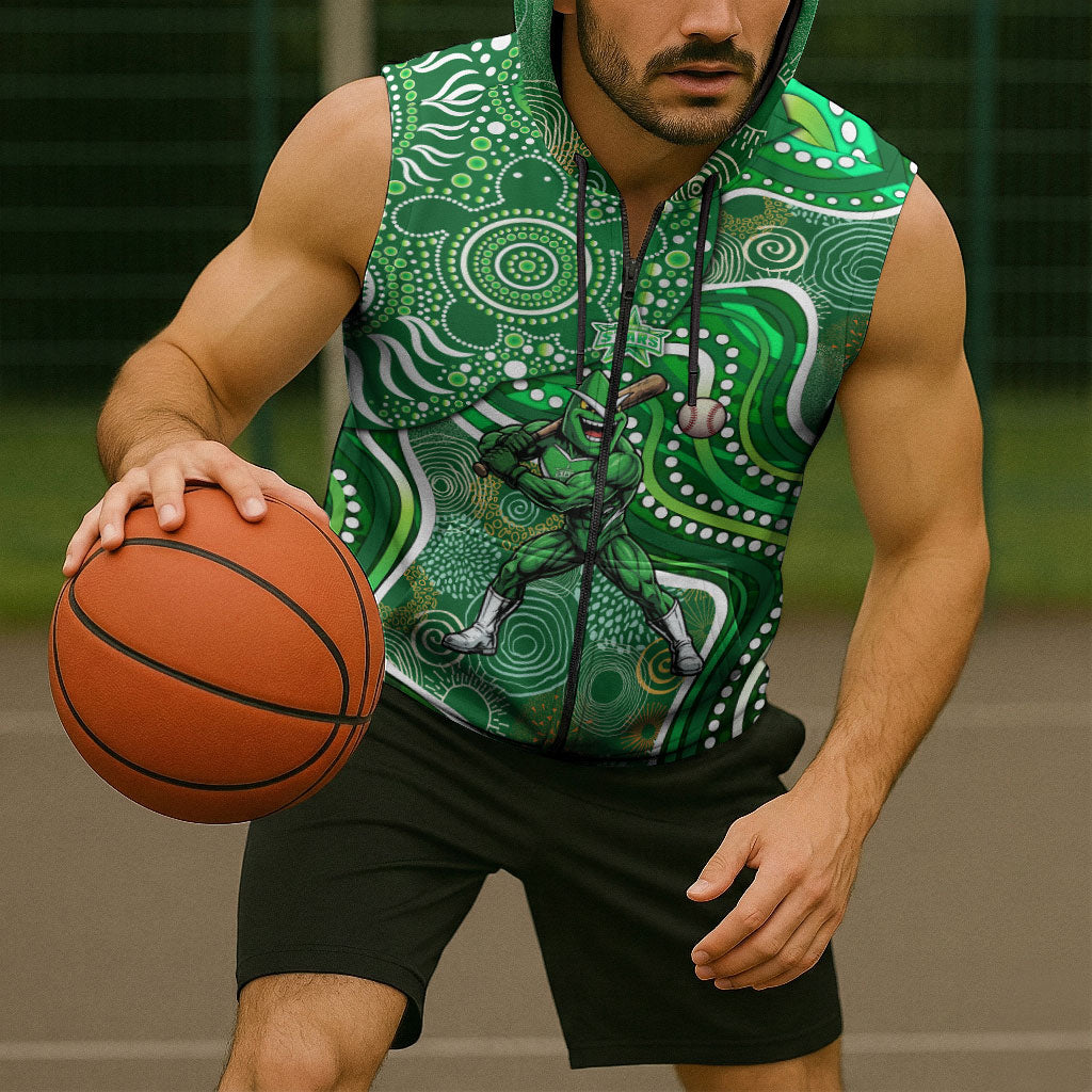 Melbourne Stars Sleeveless Zip Hoodie Indigenous Dot Art Superhero Batter Tribal Pattern