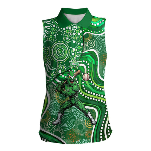 Melbourne Stars Women Sleeveless Polo Shirt Indigenous Dot Art Superhero Batter Tribal Pattern