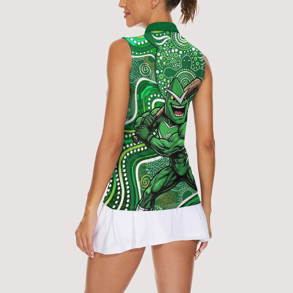 Melbourne Stars Women Sleeveless Polo Shirt Indigenous Dot Art Superhero Batter Tribal Pattern