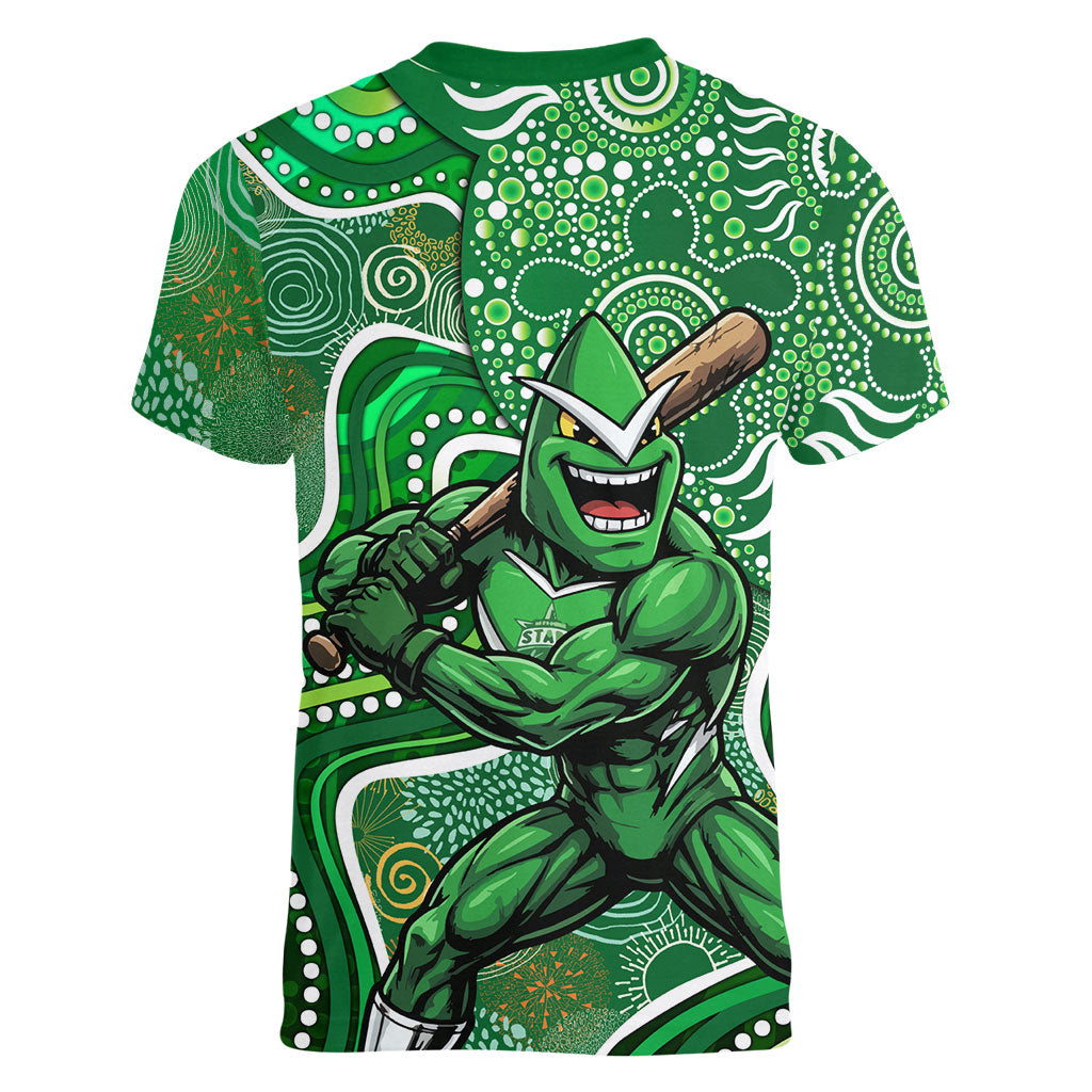 Melbourne Stars Women V-Neck T-Shirt Indigenous Dot Art Superhero Batter Tribal Pattern