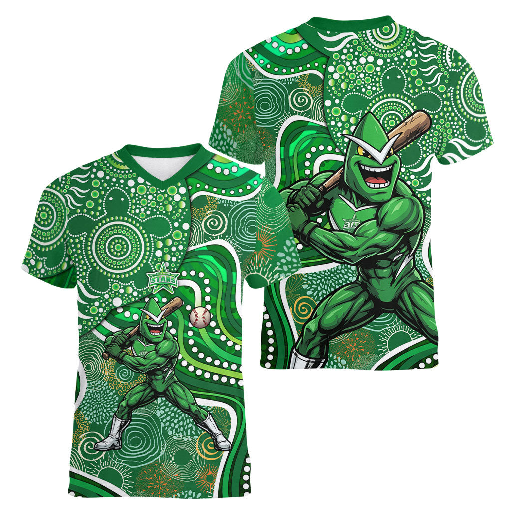 Melbourne Stars Women V-Neck T-Shirt Indigenous Dot Art Superhero Batter Tribal Pattern