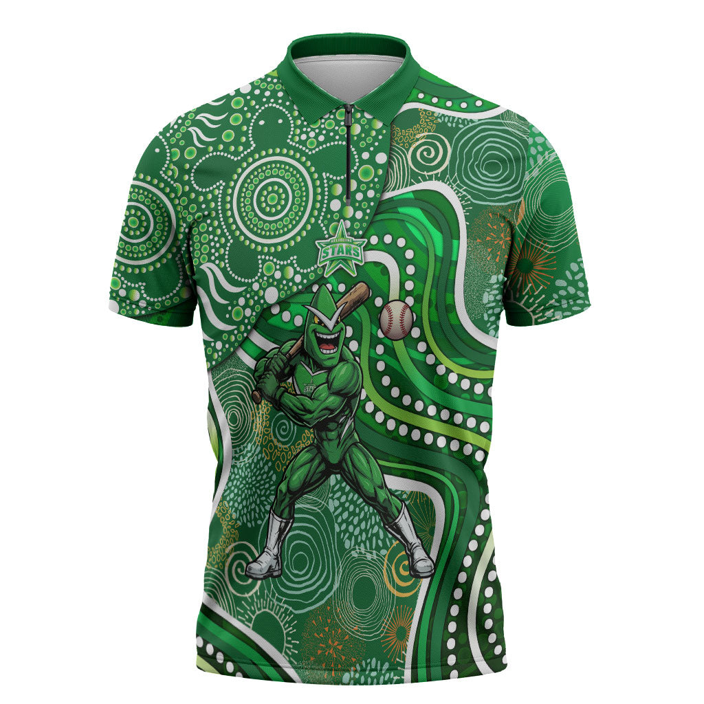 Melbourne Stars Zipper Polo Shirt Indigenous Dot Art Superhero Batter Tribal Pattern