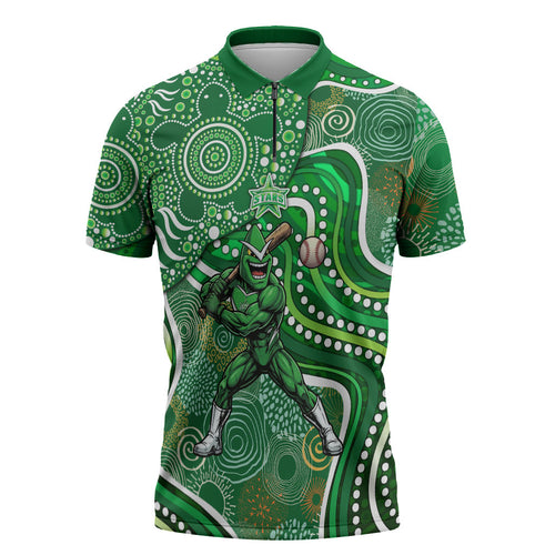 Melbourne Stars Zipper Polo Shirt Indigenous Dot Art Superhero Batter Tribal Pattern