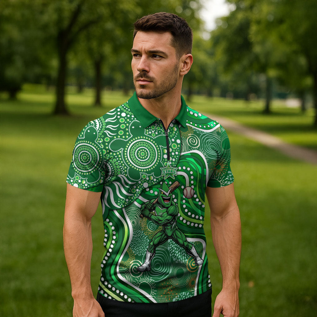 Melbourne Stars Zipper Polo Shirt Indigenous Dot Art Superhero Batter Tribal Pattern