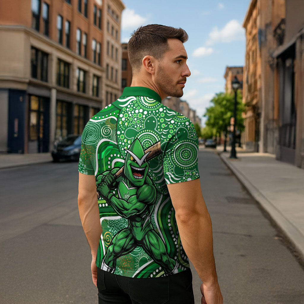 Melbourne Stars Zipper Polo Shirt Indigenous Dot Art Superhero Batter Tribal Pattern