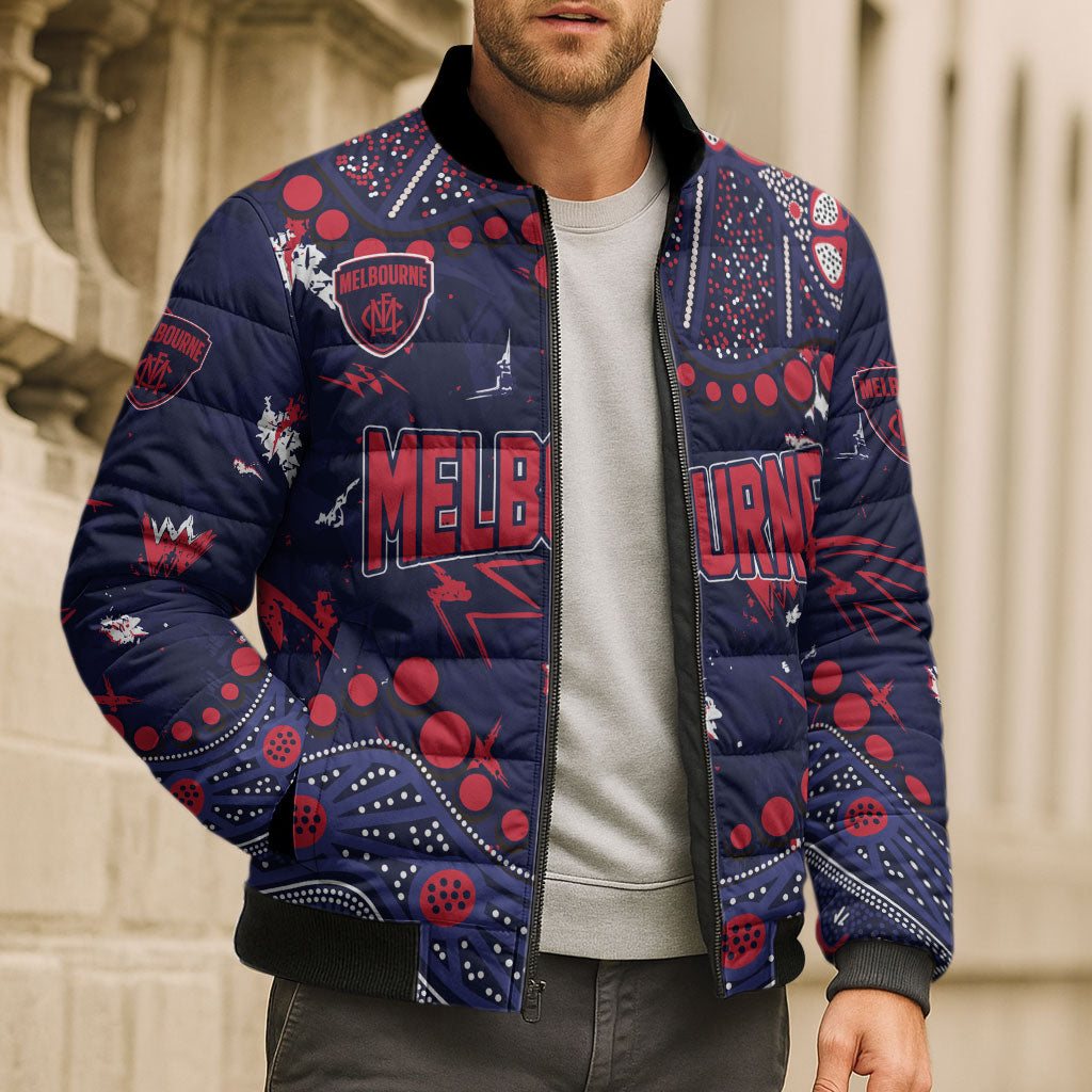 Personalized Melbourne Demons Bomber Puffer Jacket Aboriginal Pattern with Graffiti Style