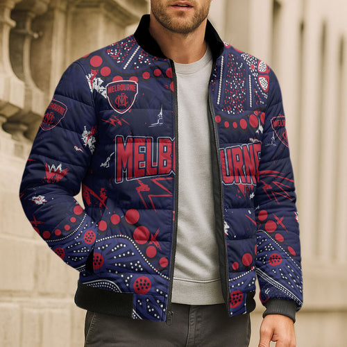 Personalized Melbourne Demons Bomber Puffer Jacket Aboriginal Pattern with Graffiti Style