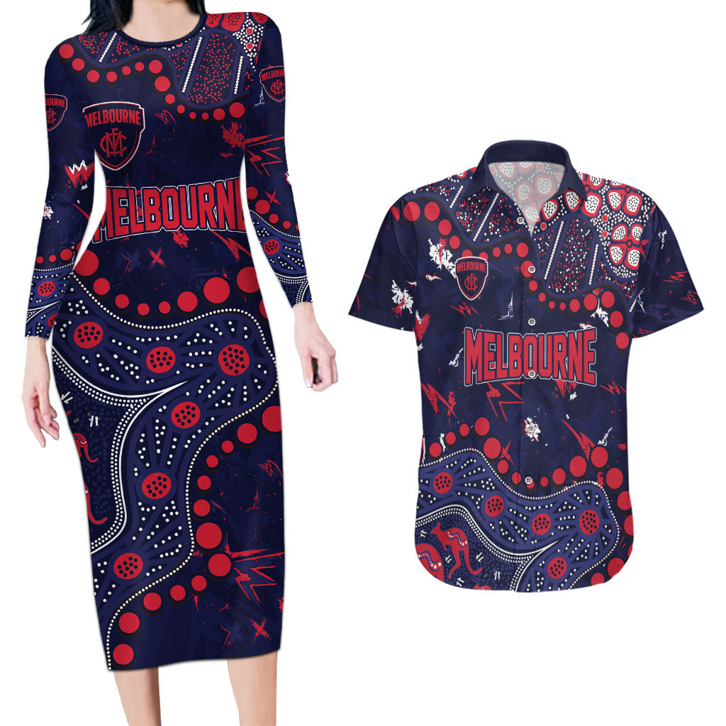 Personalized Melbourne Demons Couples Matching Long Sleeve Bodycon Dress and Hawaiian Shirt Aboriginal Pattern with Graffiti Style