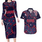 Personalized Melbourne Demons Couples Matching Long Sleeve Bodycon Dress and Hawaiian Shirt Aboriginal Pattern with Graffiti Style
