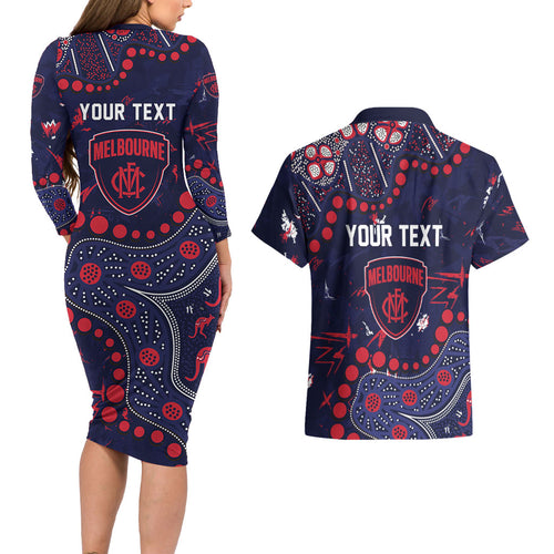 Personalized Melbourne Demons Couples Matching Long Sleeve Bodycon Dress and Hawaiian Shirt Aboriginal Pattern with Graffiti Style