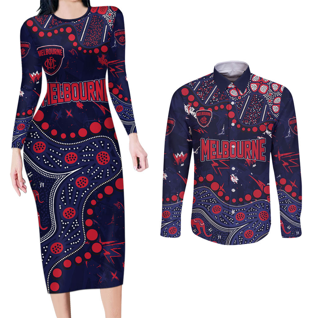 Personalized Melbourne Demons Couples Matching Long Sleeve Bodycon Dress and Long Sleeve Button Shirt Aboriginal Pattern with Graffiti Style