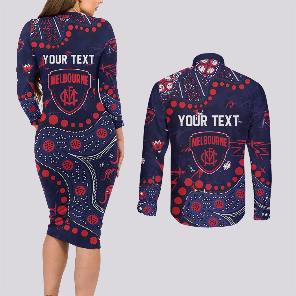 Personalized Melbourne Demons Couples Matching Long Sleeve Bodycon Dress and Long Sleeve Button Shirt Aboriginal Pattern with Graffiti Style