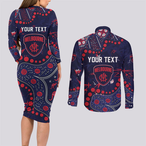 Personalized Melbourne Demons Couples Matching Long Sleeve Bodycon Dress and Long Sleeve Button Shirt Aboriginal Pattern with Graffiti Style