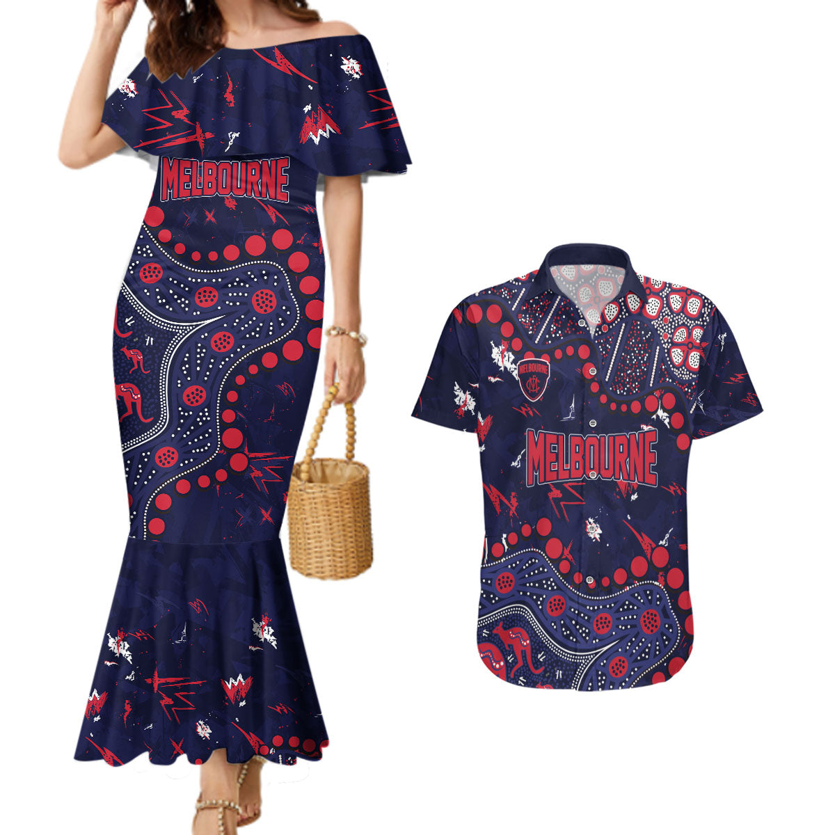 Personalized Melbourne Demons Couples Matching Mermaid Dress and Hawaiian Shirt Aboriginal Pattern with Graffiti Style