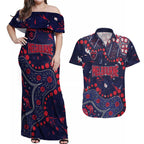 Personalized Melbourne Demons Couples Matching Off Shoulder Maxi Dress and Hawaiian Shirt Aboriginal Pattern with Graffiti Style