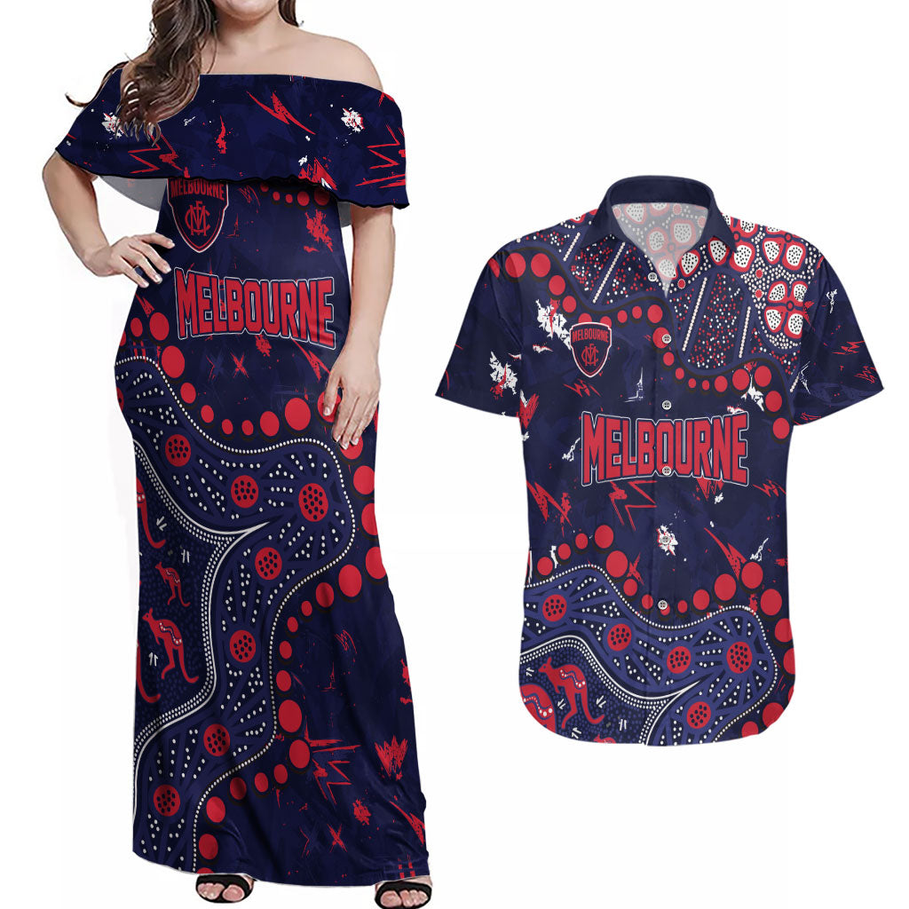 Personalized Melbourne Demons Couples Matching Off Shoulder Maxi Dress and Hawaiian Shirt Aboriginal Pattern with Graffiti Style