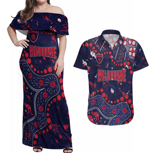 Personalized Melbourne Demons Couples Matching Off Shoulder Maxi Dress and Hawaiian Shirt Aboriginal Pattern with Graffiti Style