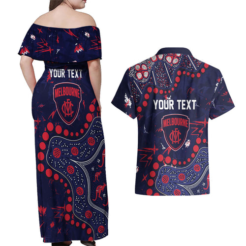 Personalized Melbourne Demons Couples Matching Off Shoulder Maxi Dress and Hawaiian Shirt Aboriginal Pattern with Graffiti Style